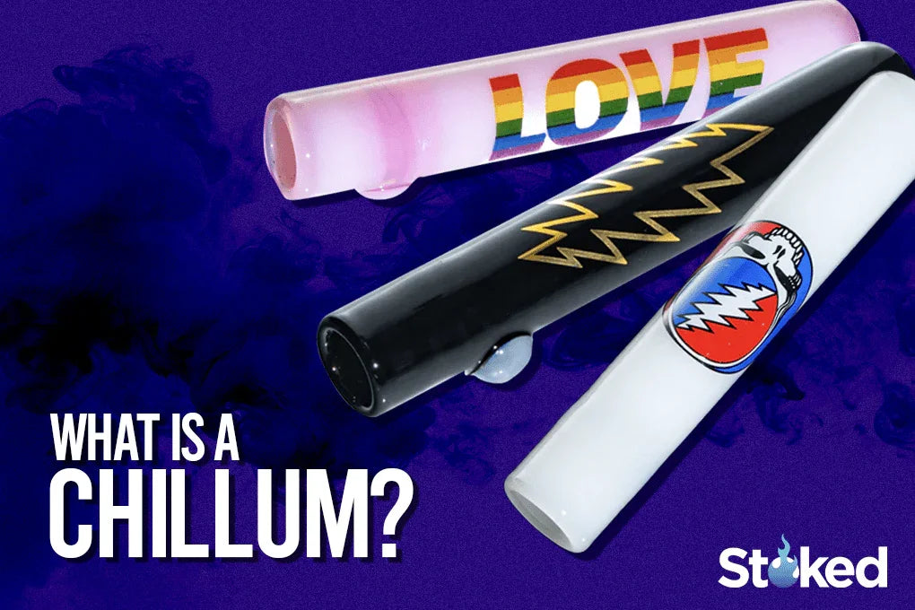 Three decorative glass chillum pipes on a purple background, text reads 'What is a chillum?'