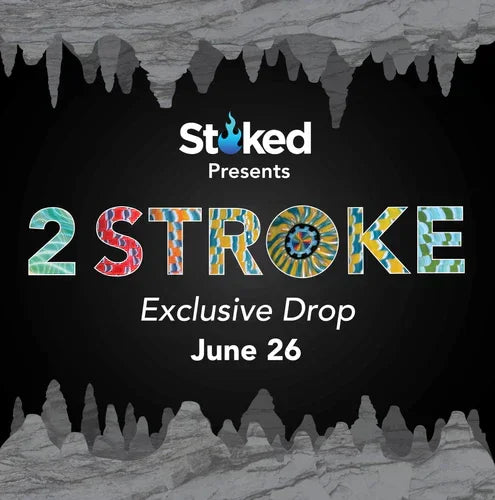 Colorful 2STROKE exclusive glass drop announcement with cave graphic, June 26 event date