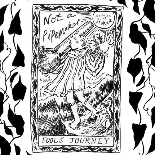 Hand-drawn tarot-style illustration of a whimsical figure carrying a glass pipe, with a smiling cat and decorative patterns, promoting a heady glass art event.
