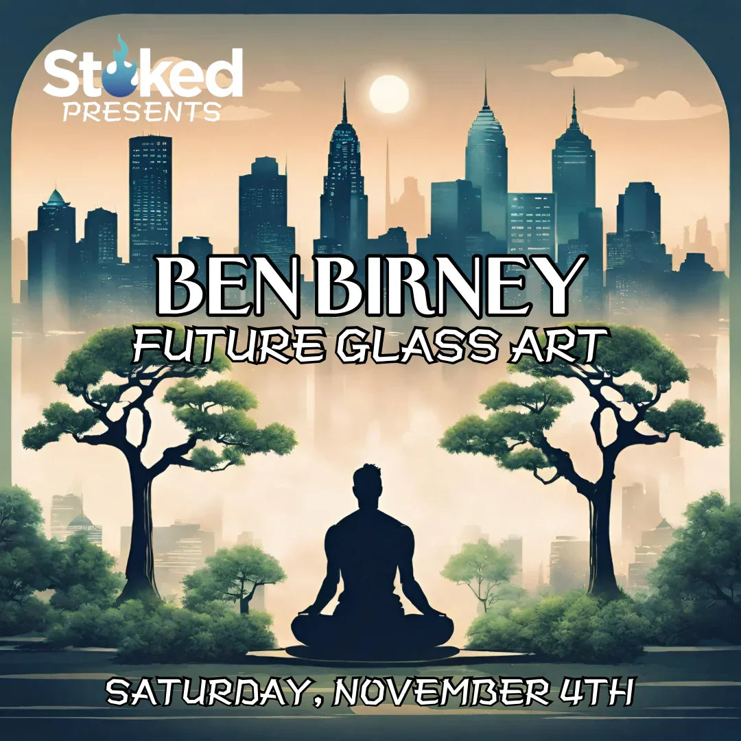 Event poster for Ben Birney Future Glass Art with silhouette of person meditating, city skyline, trees, and event date Saturday, November 4th.