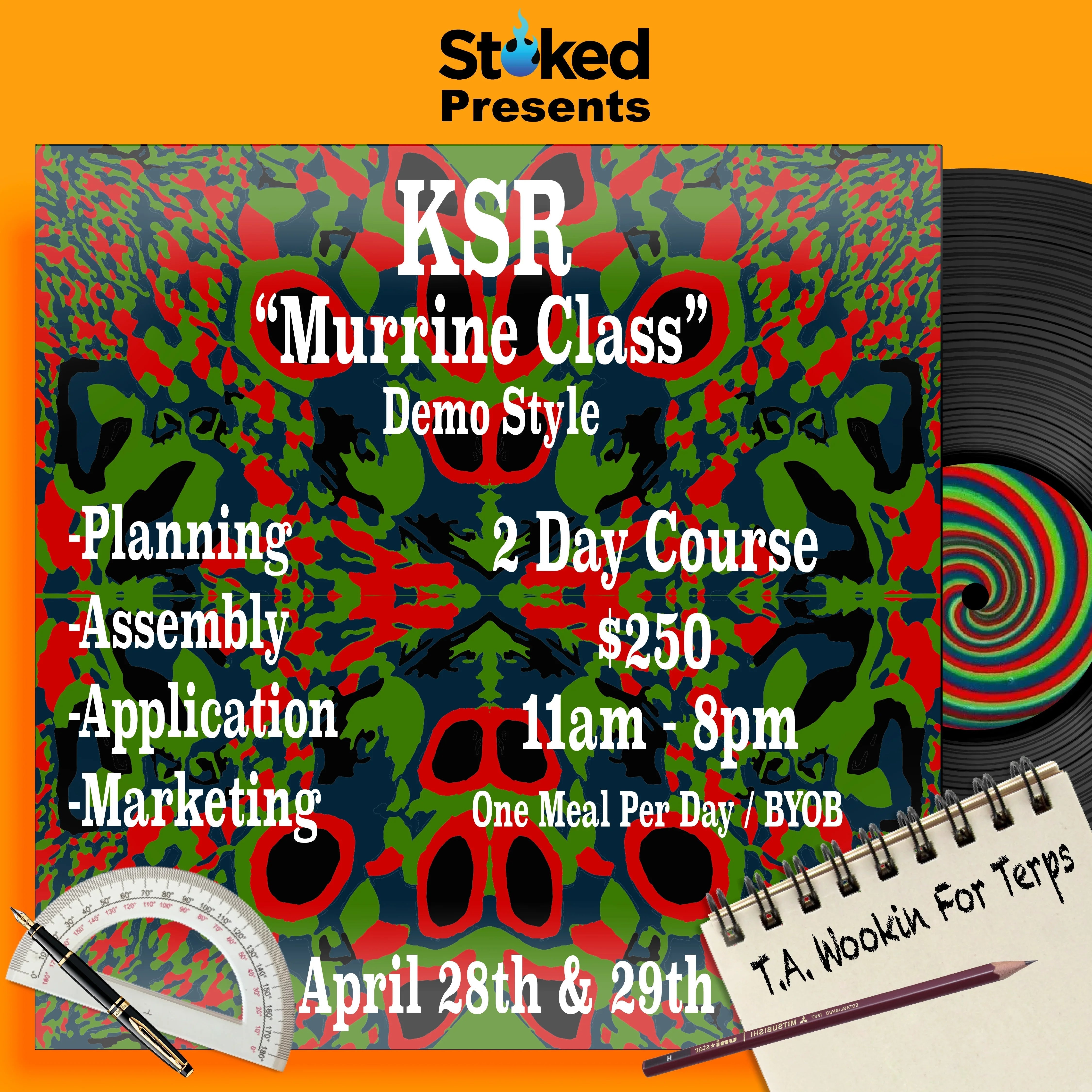 Psychedelic flyer for KSR Murrine glass class, 2-day course details, April 28th and 29th