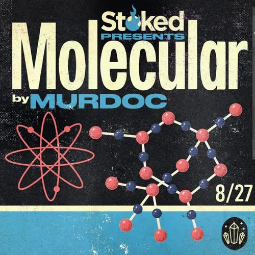 Event flyer featuring molecular structure graphics, text reading 'Molecular by Murdoc,' and date 8/27.