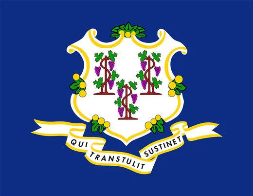 Connecticut state flag with white shield, grapevines, and Latin motto on blue background