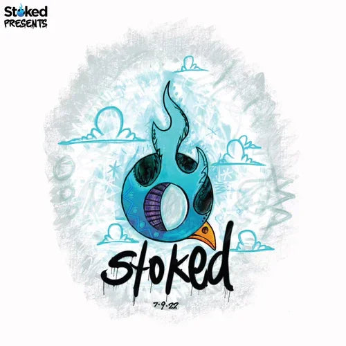 Hand-drawn turquoise flame logo with clouds, bird beak, and 'stoked' text on abstract background