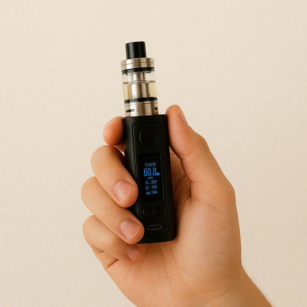 Hand holding a digital vape mod with a clear tank and LED display