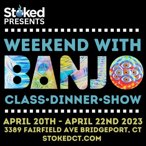 Weekend with Banjo event flyer featuring colorful glass art designs, class, dinner, show details.