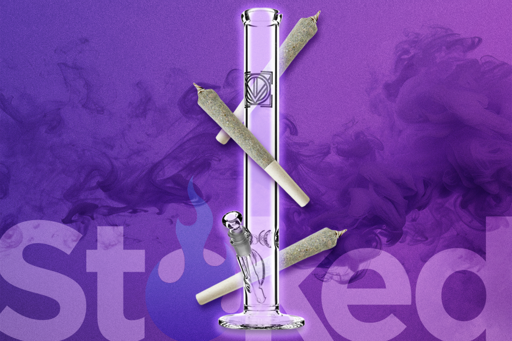 Glass bong with various joints accross it.