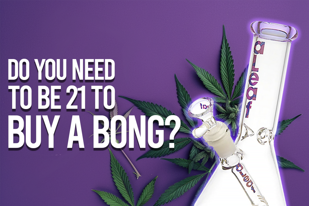 Glass bong and marijuana leaves on a purple background. Text next to them reads "DO YOU NEED TO BE 21 TO BUY A BONG?"