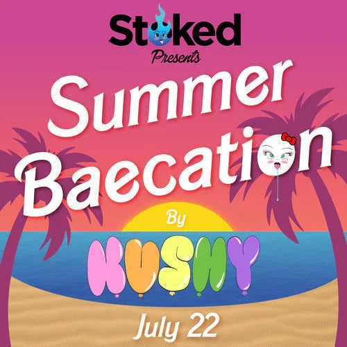 Summer Baecation by Kushy event poster with palm trees, sunset, and playful lettering.