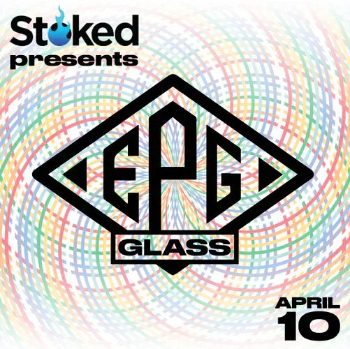 EPG Glass flyer with geometric logo, colorful spiral background, April 10 event date.