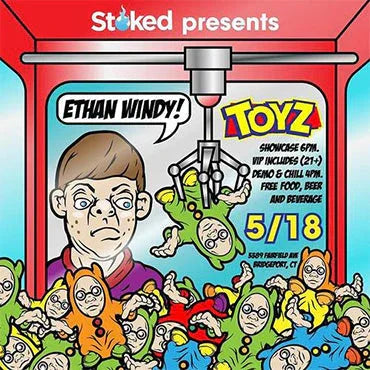 Colorful cartoon event poster featuring claw machine with illustrated dolls and Ethan Windy text.