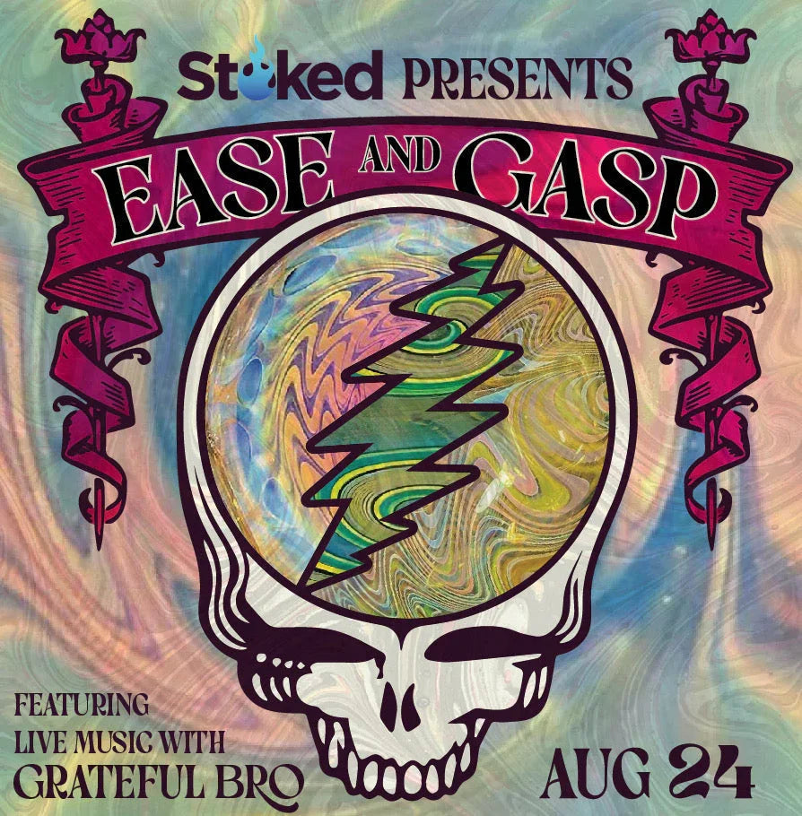 Psychedelic concert poster with lightning skull, 'Ease and Gasp', live music, August 24.