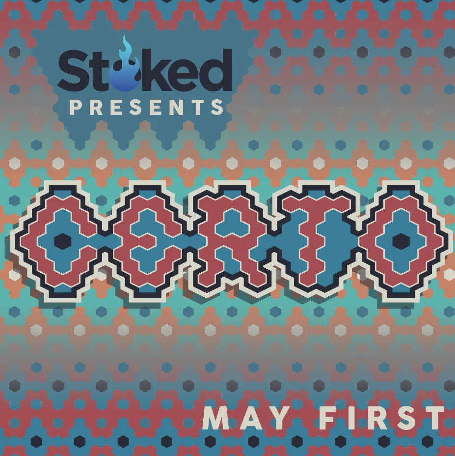 Colorful geometric event poster with the text 'Stoked Presents Oporto May First'.