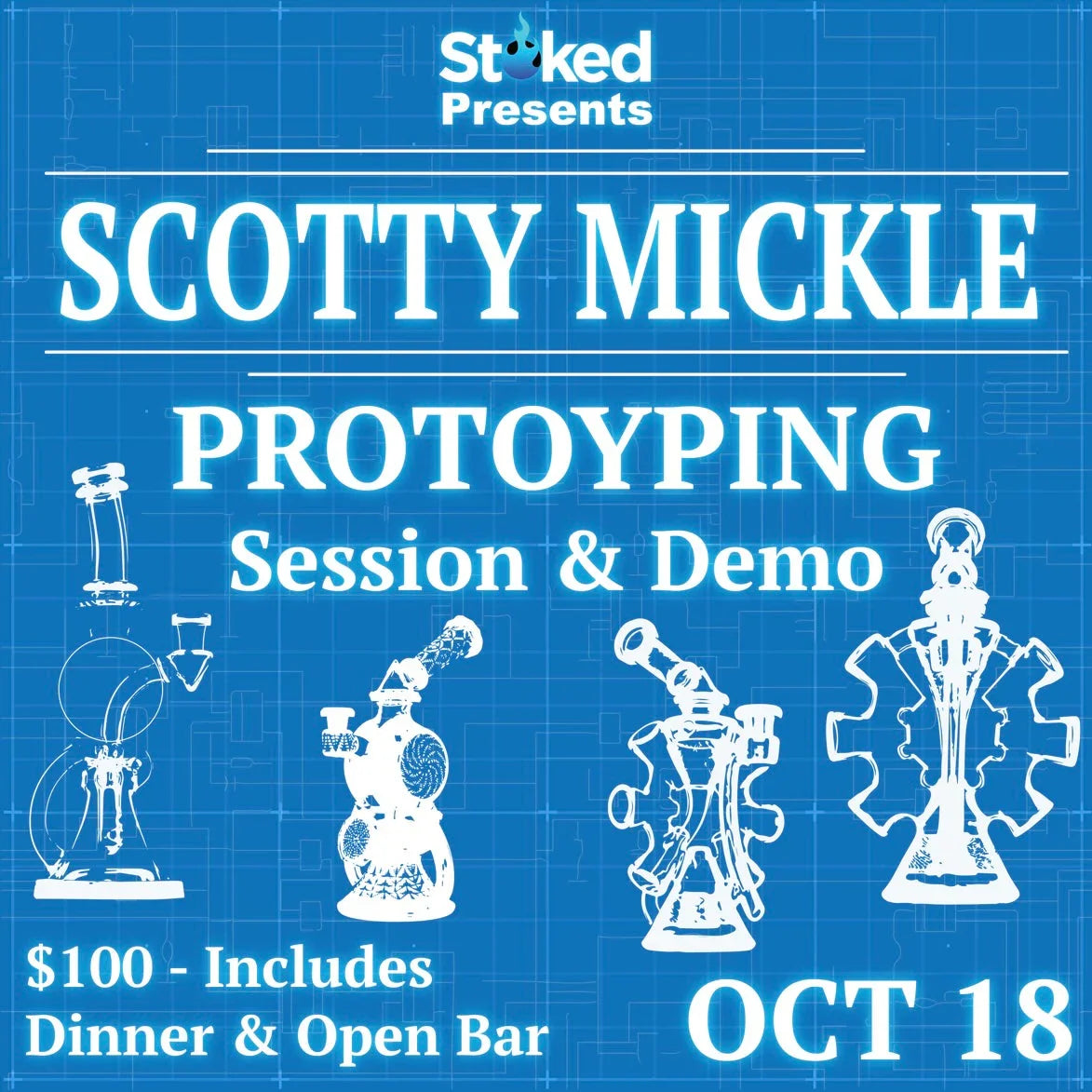 Event flyer for glass prototyping session and demo with illustrated glass art pieces, blue background.