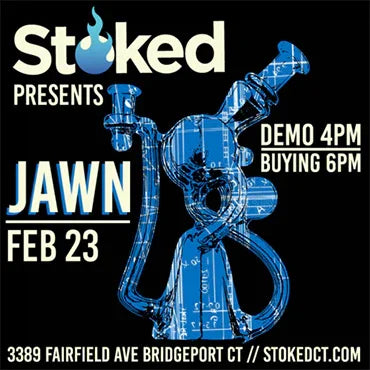 Glass water pipe event flyer with blue blueprint design, demo and buying times, event date Feb 23.