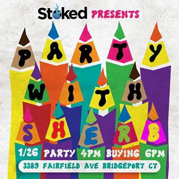 Colorful event flyer with pencil designs, text reads 'Party With Sherb' and event details.