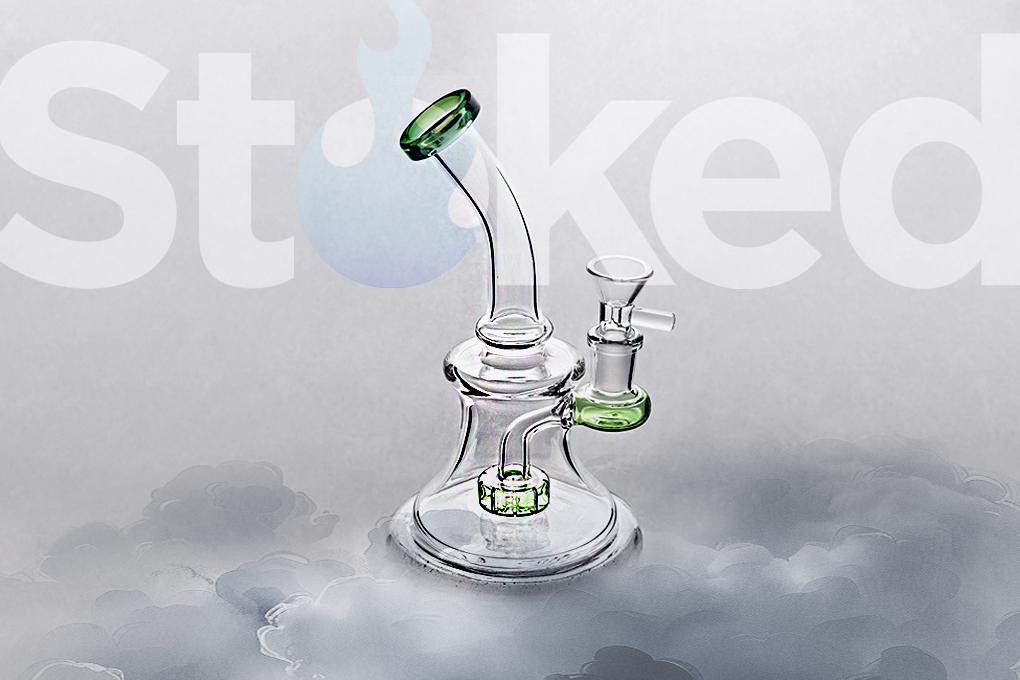 Glass bong on a gray background with StokedCT's logo.