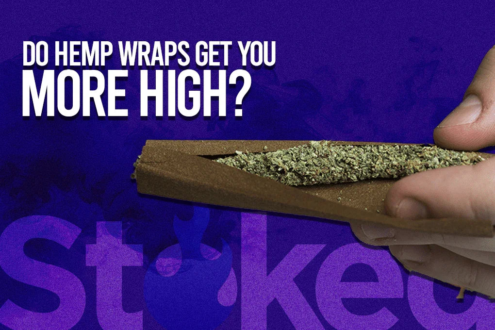 Hand holding hemp wrap with herbs, text asks if hemp wraps increase effects, purple background