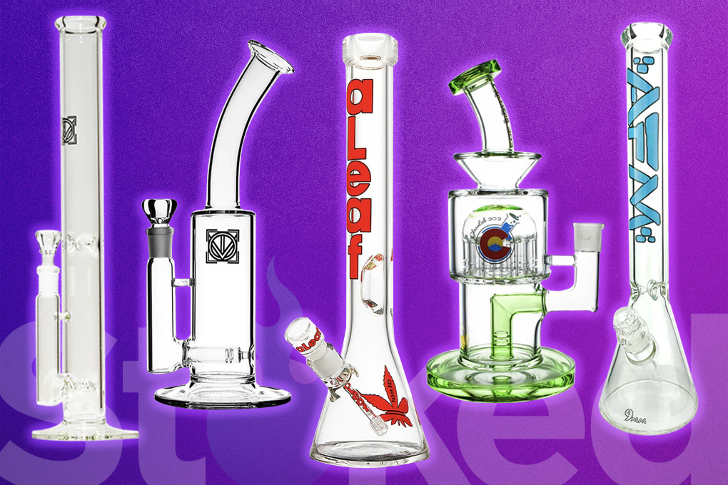 Various glass bongs on a purple background
