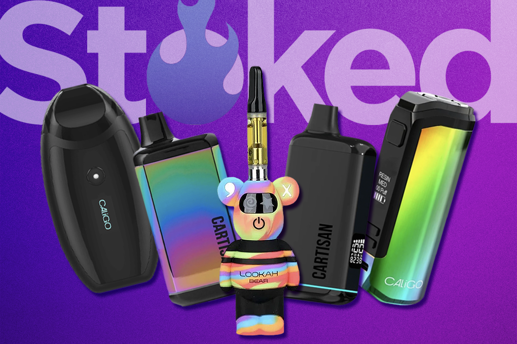 Multiple vape batteries on a purple background.