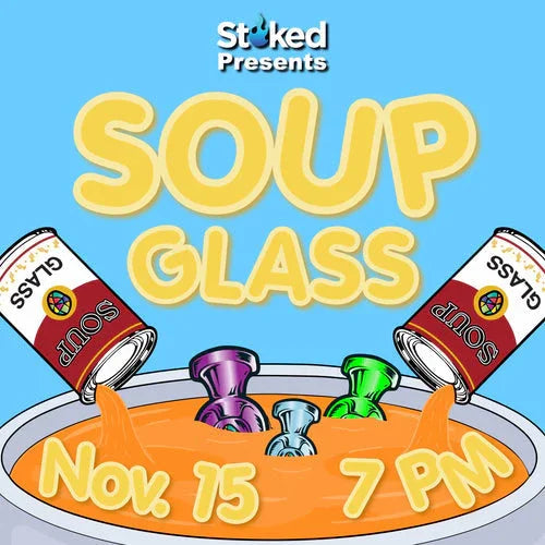 Cartoon soup cans pouring orange liquid onto colorful glass pieces, event date Nov. 15, 7 PM.