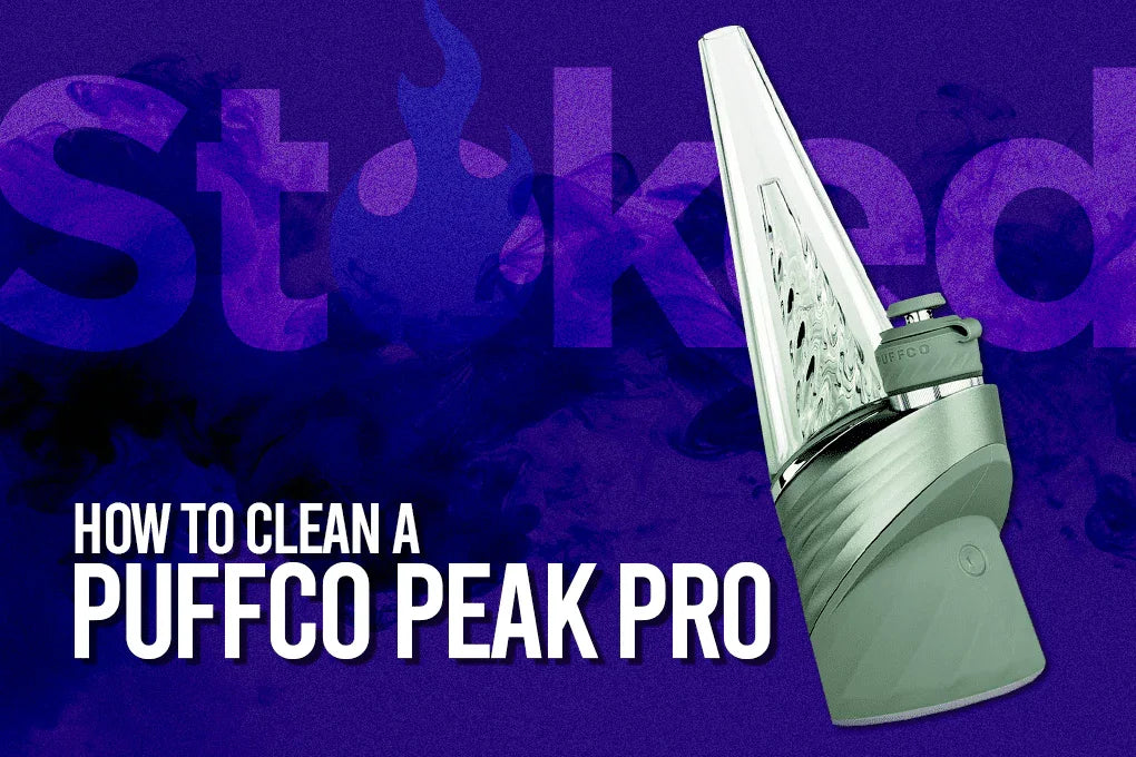 Puffco Peak Pro vaporizer on purple background with cleaning guide text