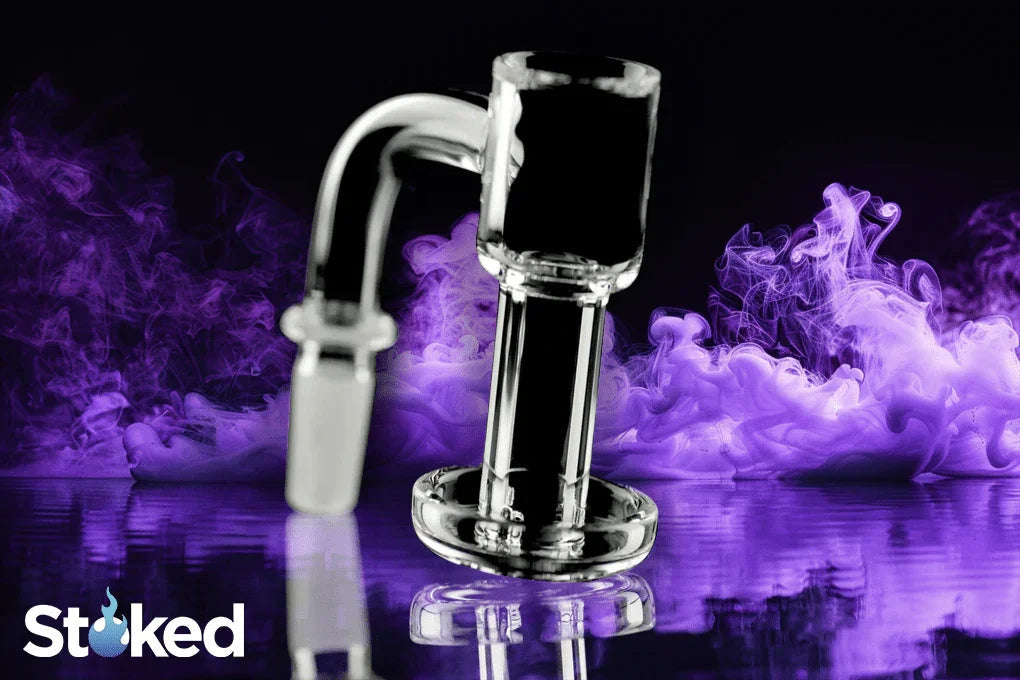 Clear glass quartz banger with purple smoke background, premium smoking accessory for vaporizers