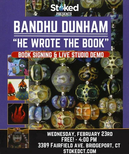 Bandhu Dunham event poster with glass art marbles and book signing details, purple background.