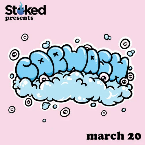 Cartoon bubble letters spelling 'CARWASH' in blue foam, Stoked logo, March 20 event flyer.