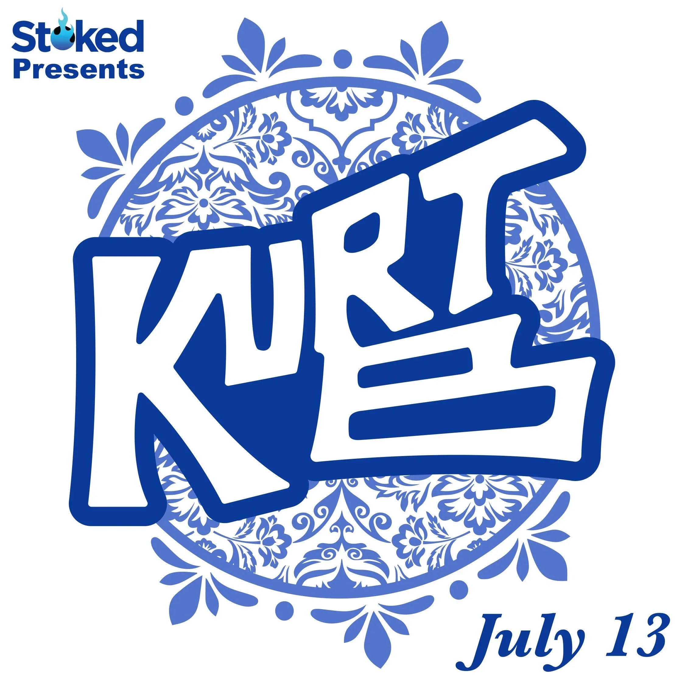 Blue and white event graphic with floral pattern, bold Kurt text, and July 13 date.