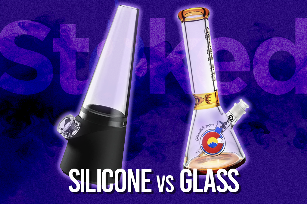 Silicone and a glass bong next to each other.