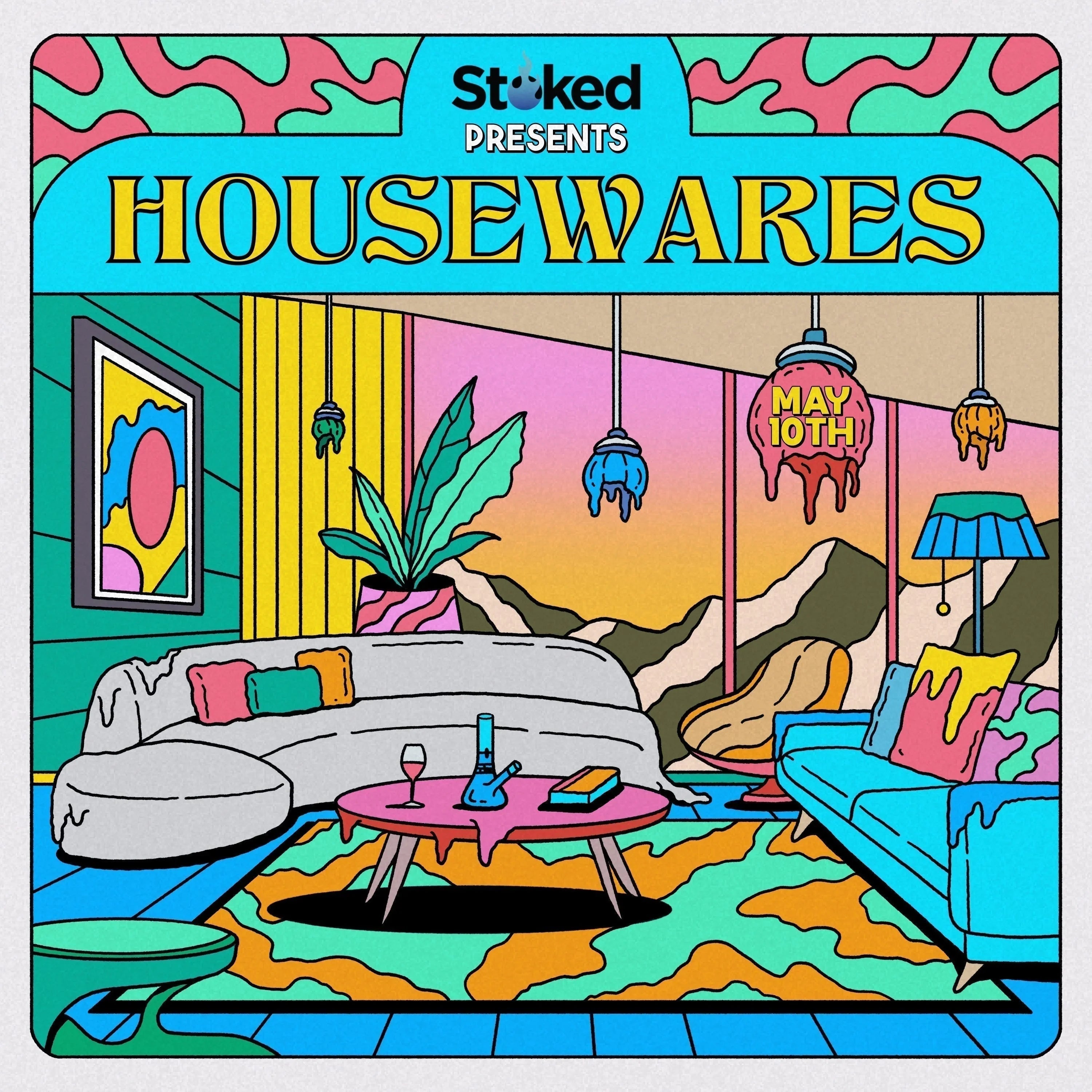 Colorful flyer for housewares event, psychedelic living room, May 10th date highlighted.
