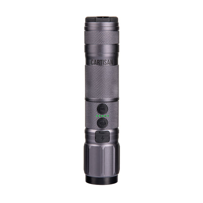 Cartisan vape battery pen with textured metal finish and LED indicators, isolated on white