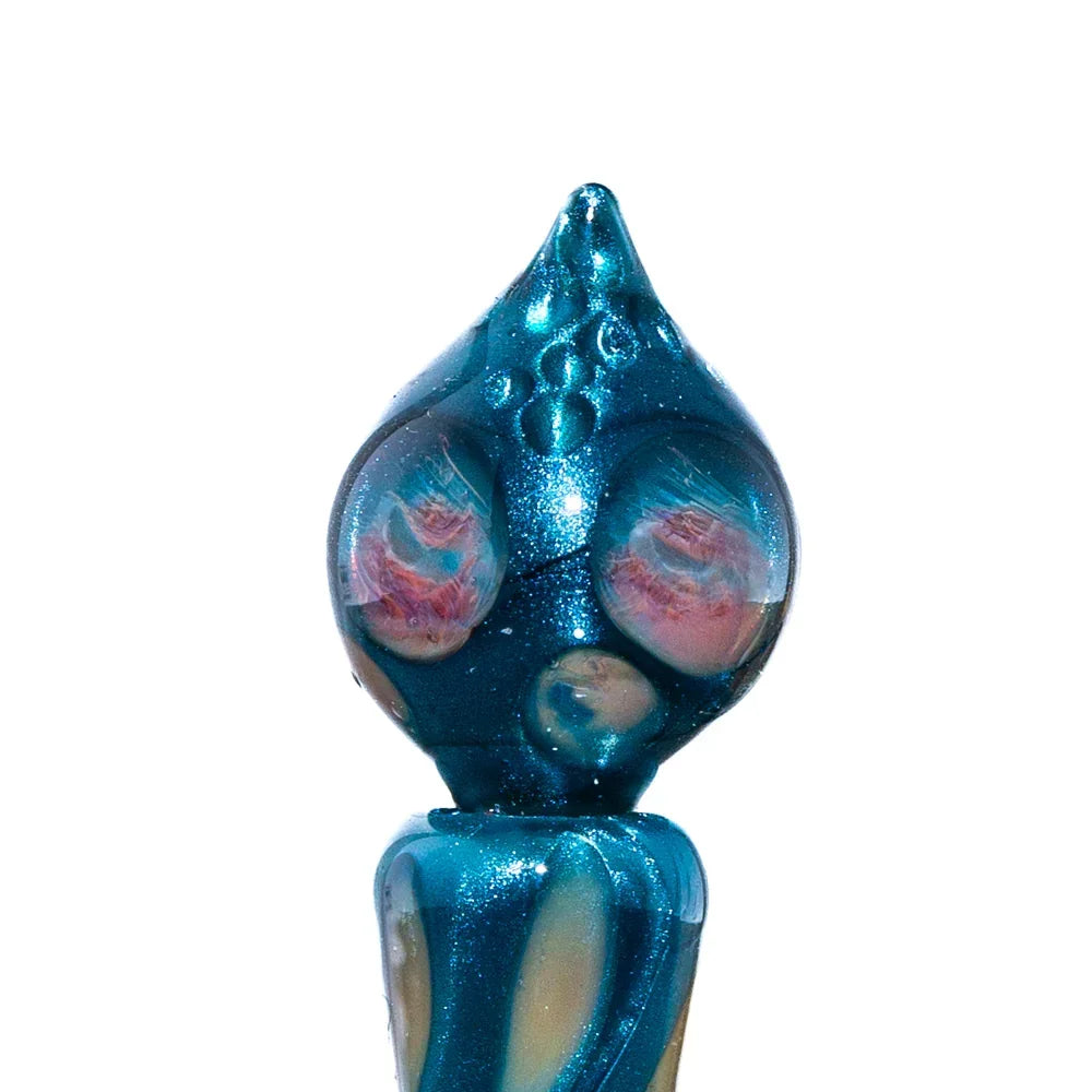Handcrafted blue glass art piece with iridescent accents and unique textured details