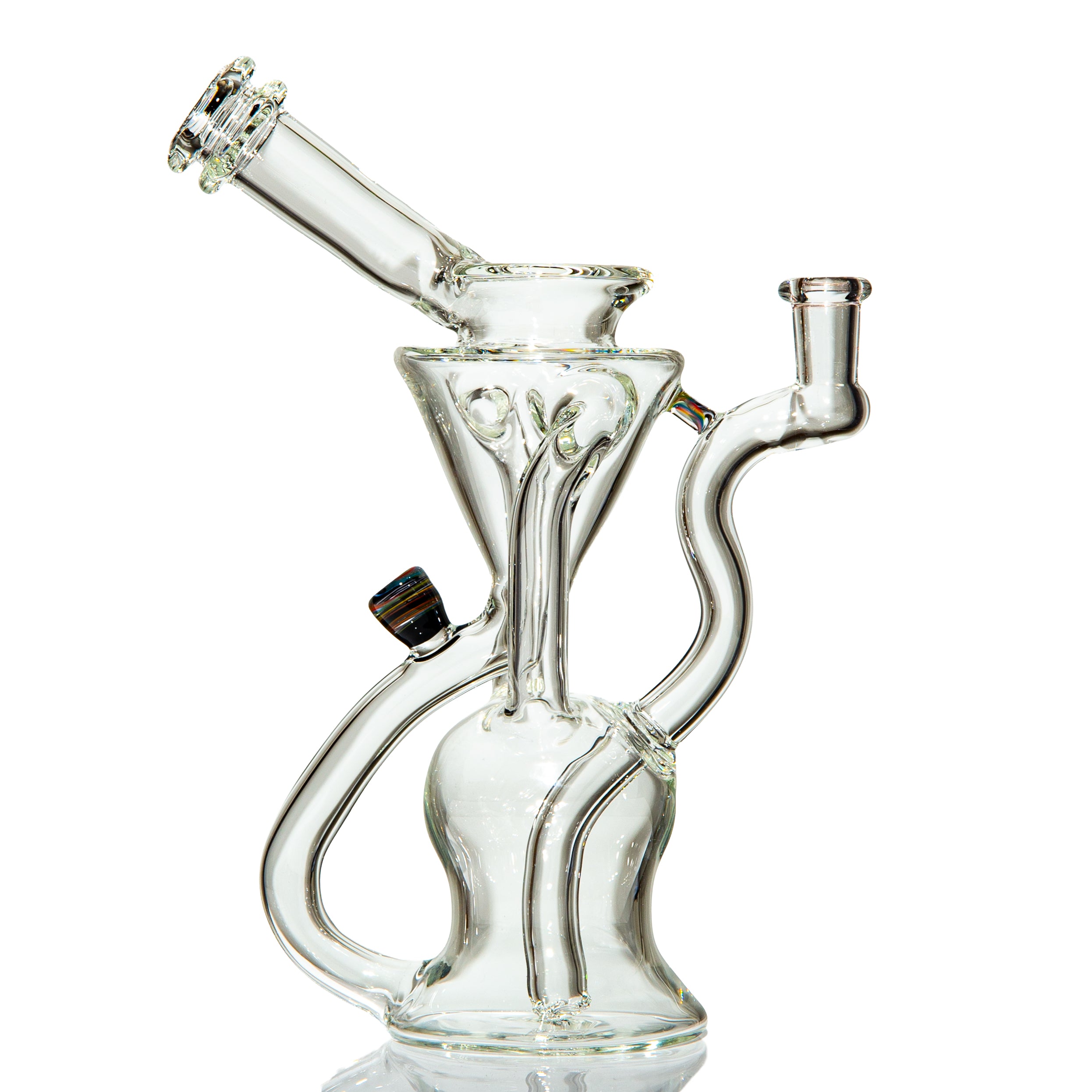 Clear scientific glass water pipe with intricate recycler design on white background