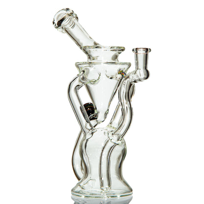 Clear glass recycler water pipe with artistic curved tubing on a white background.