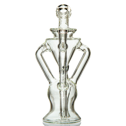 Clear artistic glass water pipe with unique sculpted design on white background.