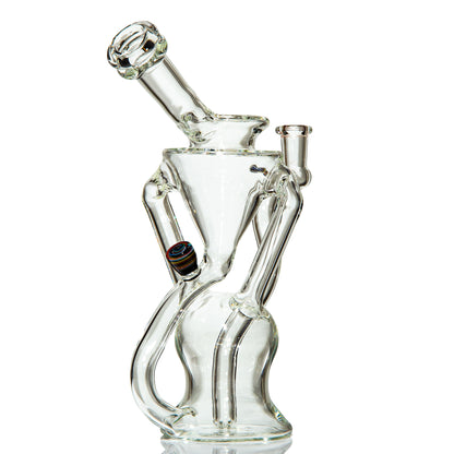 Clear glass water pipe with intricate recycler design and colorful accent, isolated on white