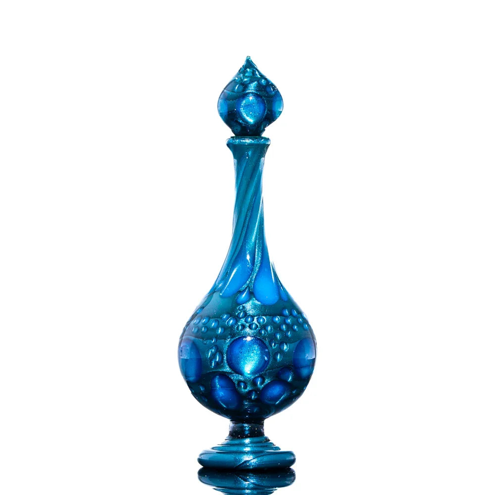 Handcrafted blue glass bottle with textured dots, collectible art glass home decor