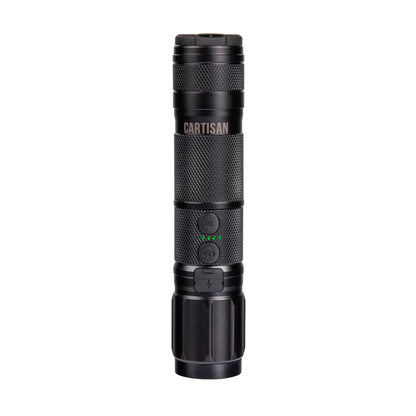 Black portable electronic vaporizer with textured grip and LED indicators
