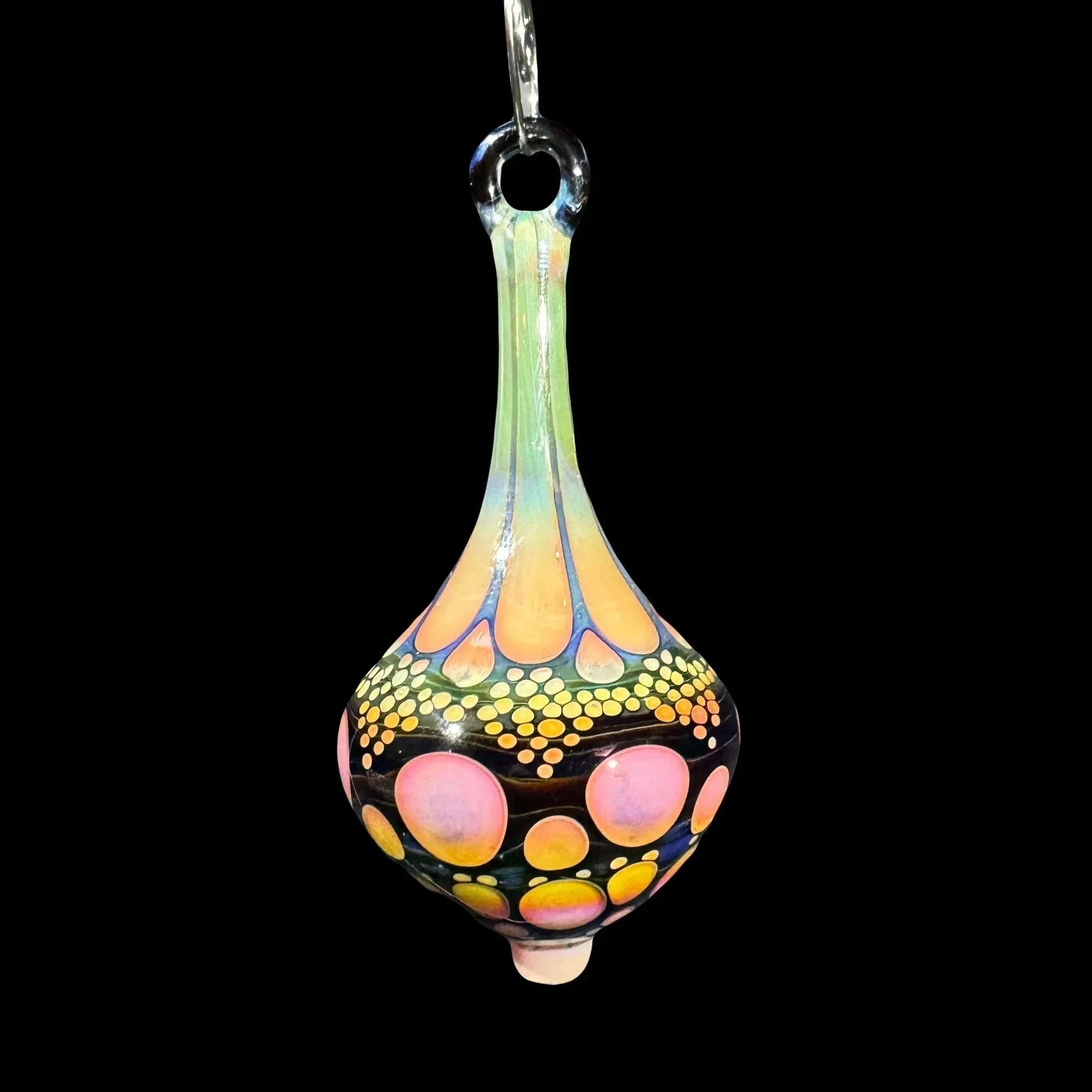 Hand-blown glass pendant with colorful abstract dot and bubble design on black background