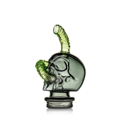 Green glass skull pipe with horn-shaped mouthpiece and unique artistic design