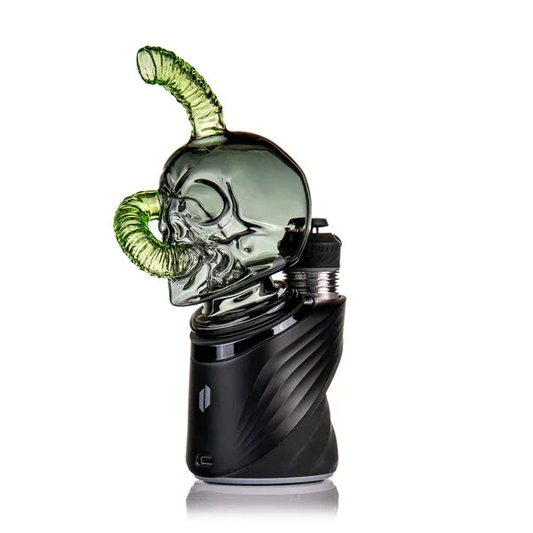 Green glass skull bubbler attachment with twisted horn on a black vaporizer base