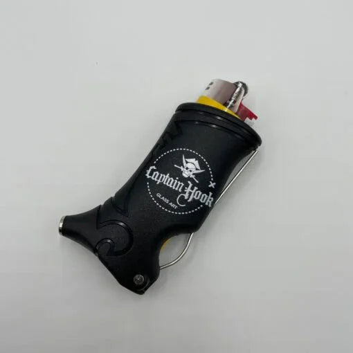 Black Captain Hook lighter holder with skull and crossbones logo on white background