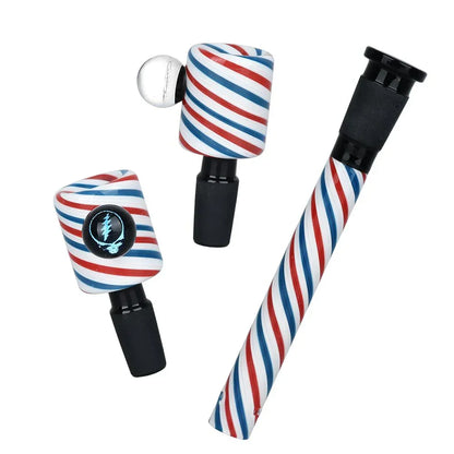 Red, white, and blue striped glass bowl and downstem set with unique design and black accents
