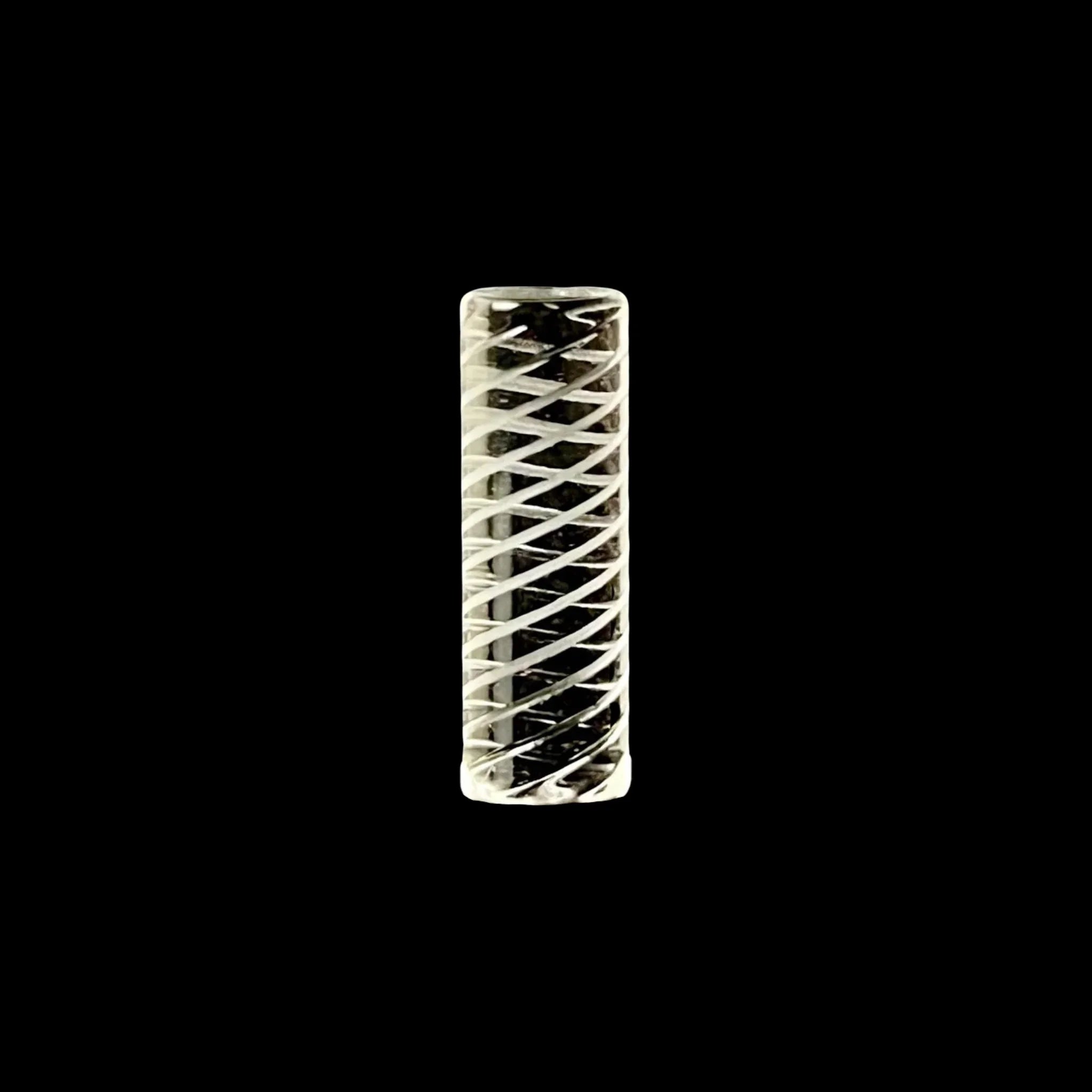 clear glass chillum with white spiral design on black background