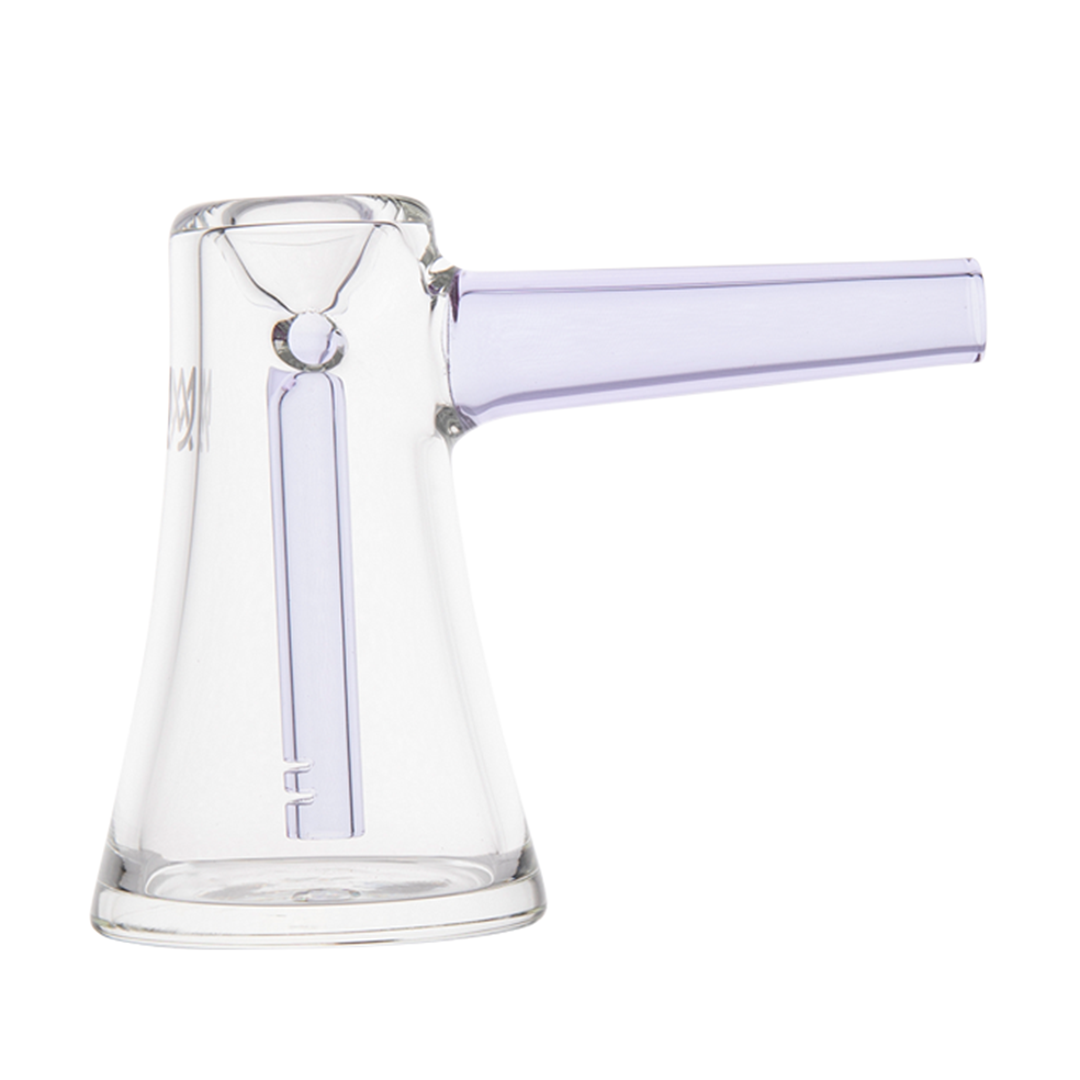 Clear glass water pipe with purple accent, angled mouthpiece, and minimalist design
