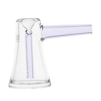 Clear glass water pipe with purple accent, angled mouthpiece, and minimalist design