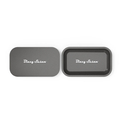 Carbon fiber rolling tray set with Blazy Susan logo, rectangular and sleek design