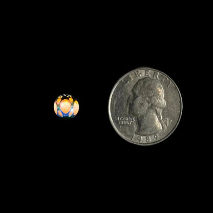Colorful glass marble with opal detail beside US quarter for size comparison, black background